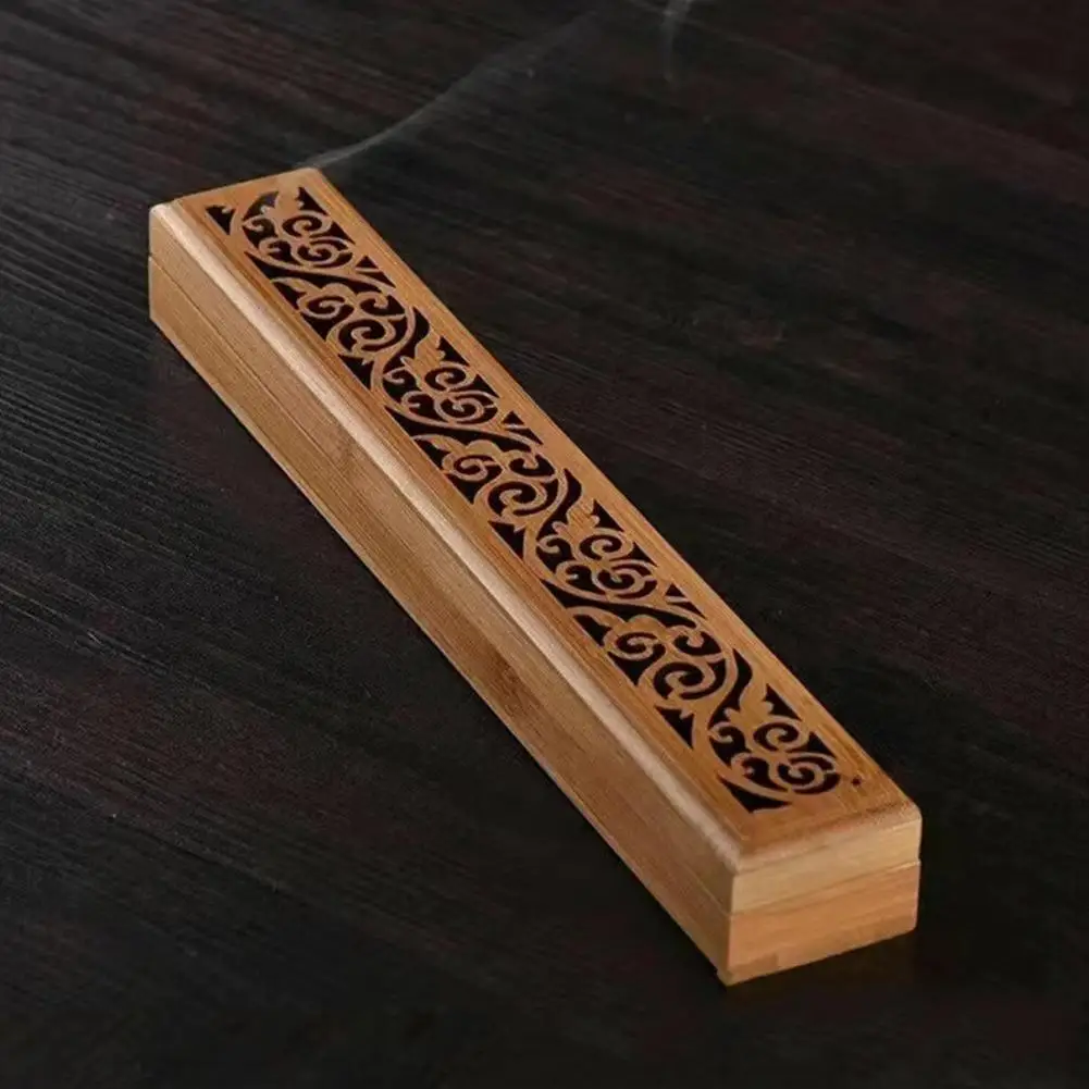 Natural Bamboo Incense Burner With Laying Plate Aromatherapy Wooden Box For Incense Storage Burning Hollowed Line Incense Box - Image 4