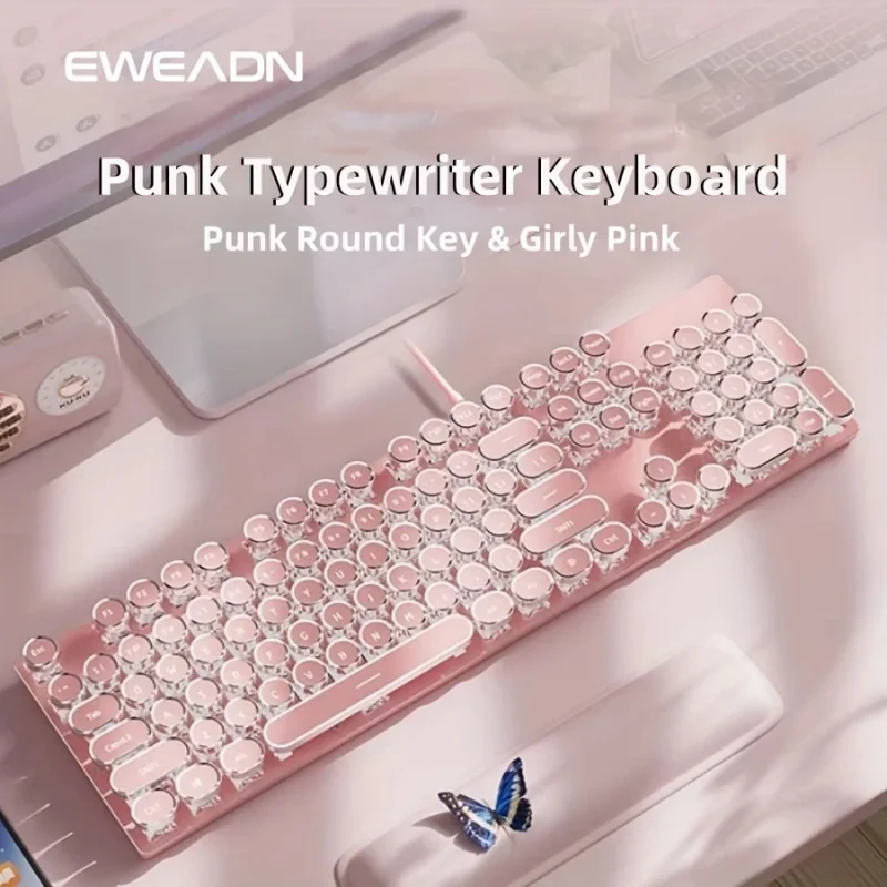 EWEADN Punk Typewriter Mechanical Gaming pink Keyboard, 104 Keys Full-Size Numeric Keypad, White Backlit, for Windows Laptop PC - Image 3