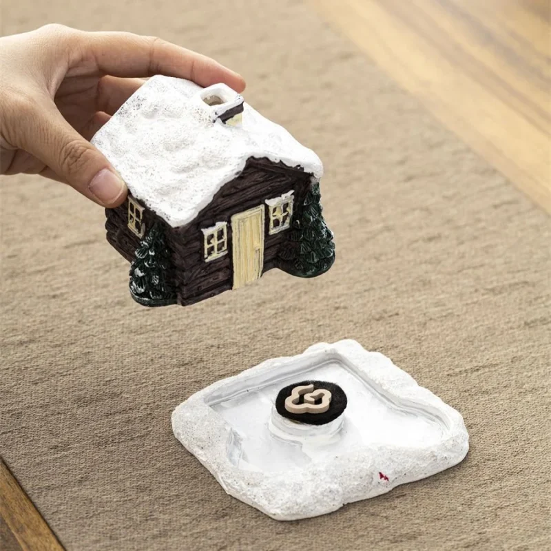 Resin Christmas Village House Winter Log Cabin Incense Burner Rustic Christmas Chimney Hut Incense Cones Burners Room Decor - Image 9