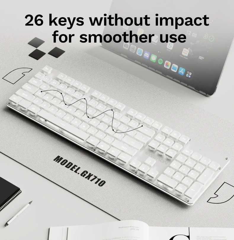 EWEADN GX710S Office Keyboard silent, All-Metal Panel 104 Keys Wired with Water Drop Keycaps, for Game and Office White & Black - Image 10