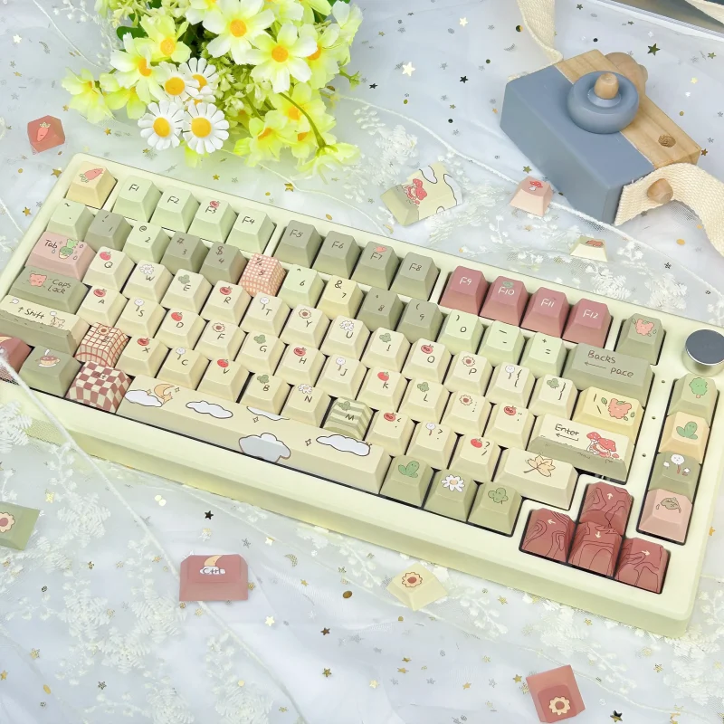 Little Bear Forest Keycap Set MOA Profile Cartoon Cute Custom Keycaps PBT Thermal Sublimation Milky Yellow Green Keyboard Caps