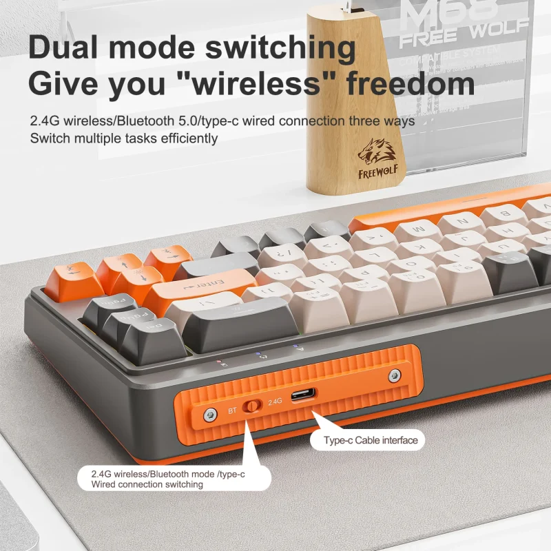 FREEWOLF M68 Three-mode BT/2.4G/Wired Keyboard, 2000mAh Battery, Colorful Rainbow Backlit, Durable PBT Keycaps, Double Leg Brace - Image 2