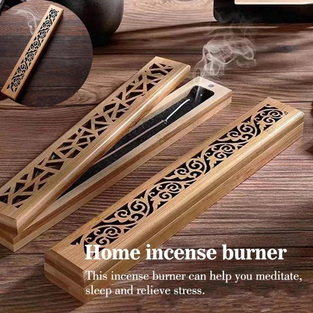 Natural Bamboo Incense Burner With Laying Plate Aromatherapy Wooden Box For Incense Storage Burning Hollowed Line Incense Box - Image 2