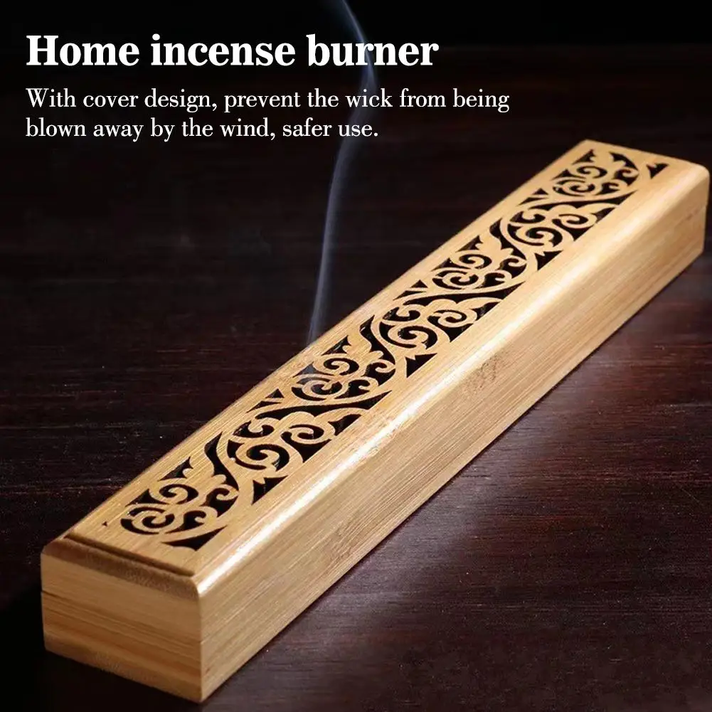 Natural Bamboo Incense Burner With Laying Plate Aromatherapy Wooden Box For Incense Storage Burning Hollowed Line Incense Box - Image 6