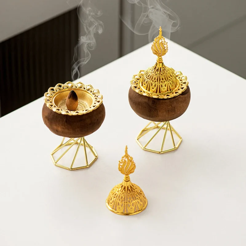 Retro Black Round Wood Octagonal Golden Metal Temple Table Decoration Aromatherapy Furnace Middle Eastern Arab Festival Incense Burner - Image 3