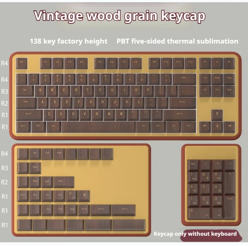 2024 Retro Wood Grain Keycaps 138key Factory Height Pbt Material Heat Sublimated Wood Block Game Mechanical Keyboard Key Cap