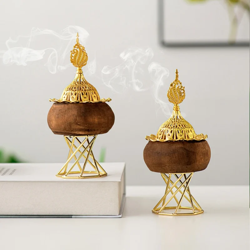 Retro Black Round Wood Octagonal Golden Metal Temple Table Decoration Aromatherapy Furnace Middle Eastern Arab Festival Incense Burner - Image 2