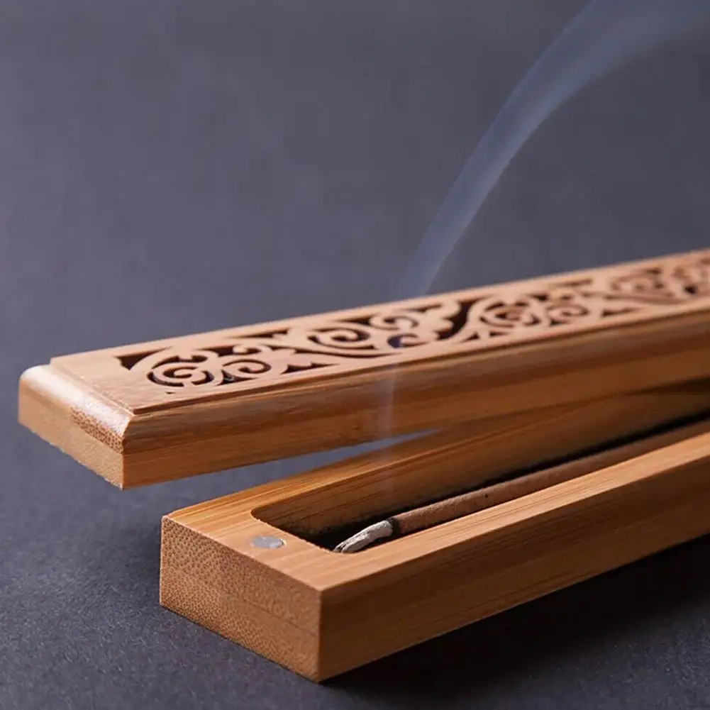 Natural Bamboo Incense Burner With Laying Plate Aromatherapy Wooden Box For Incense Storage Burning Hollowed Line Incense Box - Image 5