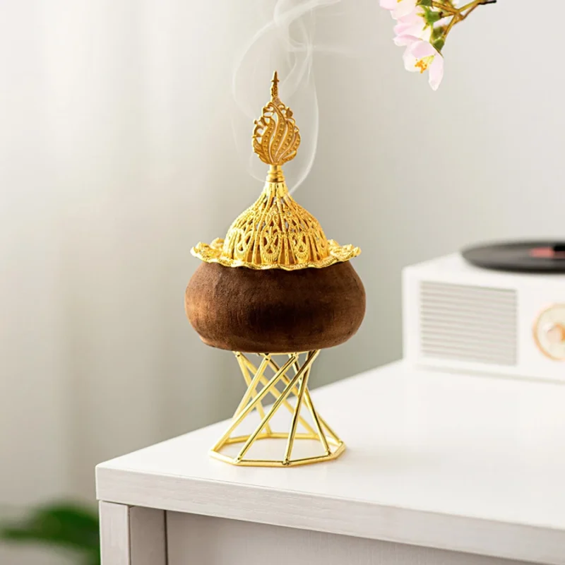 Retro Black Round Wood Octagonal Golden Metal Temple Table Decoration Aromatherapy Furnace Middle Eastern Arab Festival Incense Burner - Image 5
