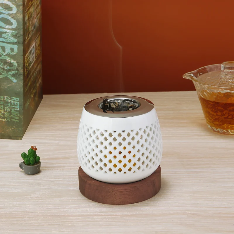 Ceramic Candle Holder Aromatherapy Heating Holder for Herbs Aromatherapy Incense Burner with Wooden Base for Yoga SPA - Image 2