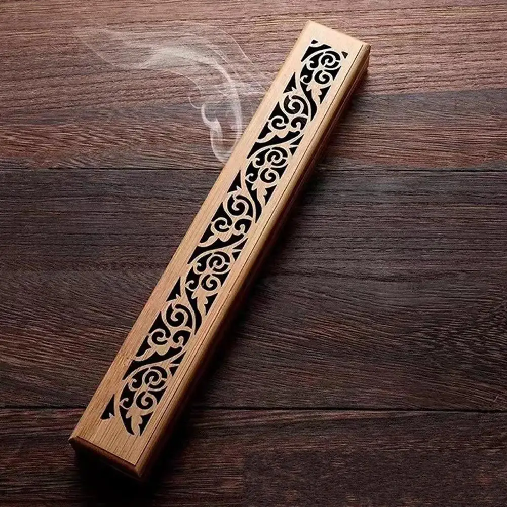 Natural Bamboo Incense Burner With Laying Plate Aromatherapy Wooden Box For Incense Storage Burning Hollowed Line Incense Box - Image 3