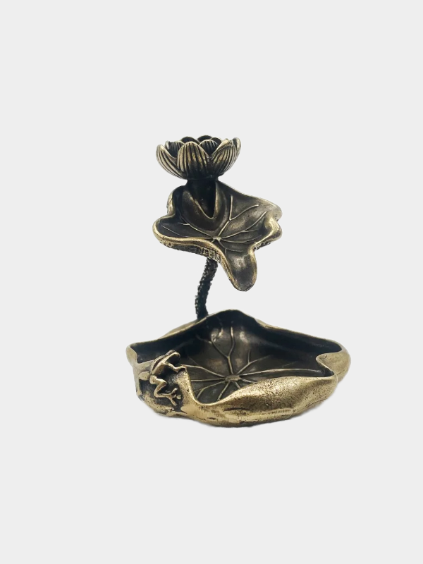 1pc Antique Brass Lotus Leaf Backflow Incense Burner Decorations Solid Pure Copper Frog Lotus Pond Ornaments Tea Pets