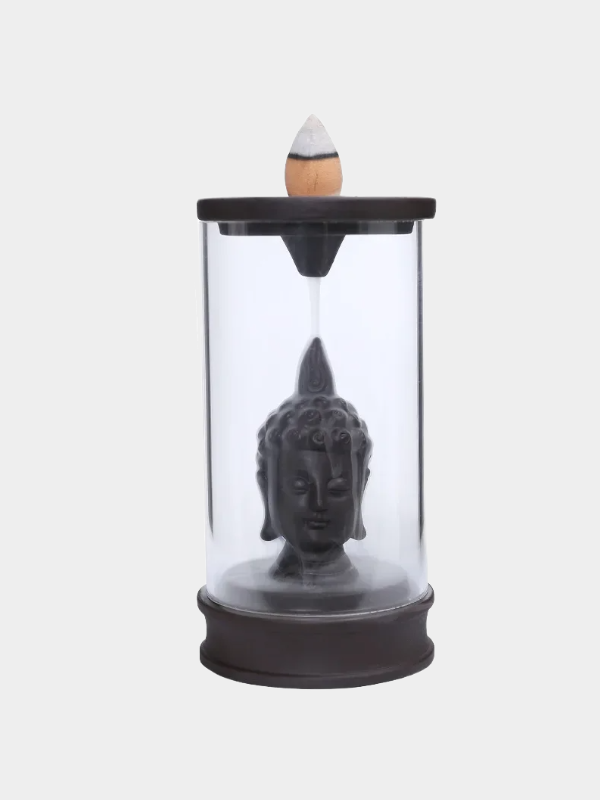 Zen Ornaments Buddha Statues Backflow Incense Burner with Windproof Acrylic Cover for Home Fragrance Decor Aromatherapy Ornament